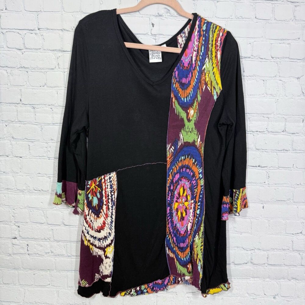 Parsley and Sage Tunic Women Large Multicolor Bell Sleeve Patchwork Boho Blouse